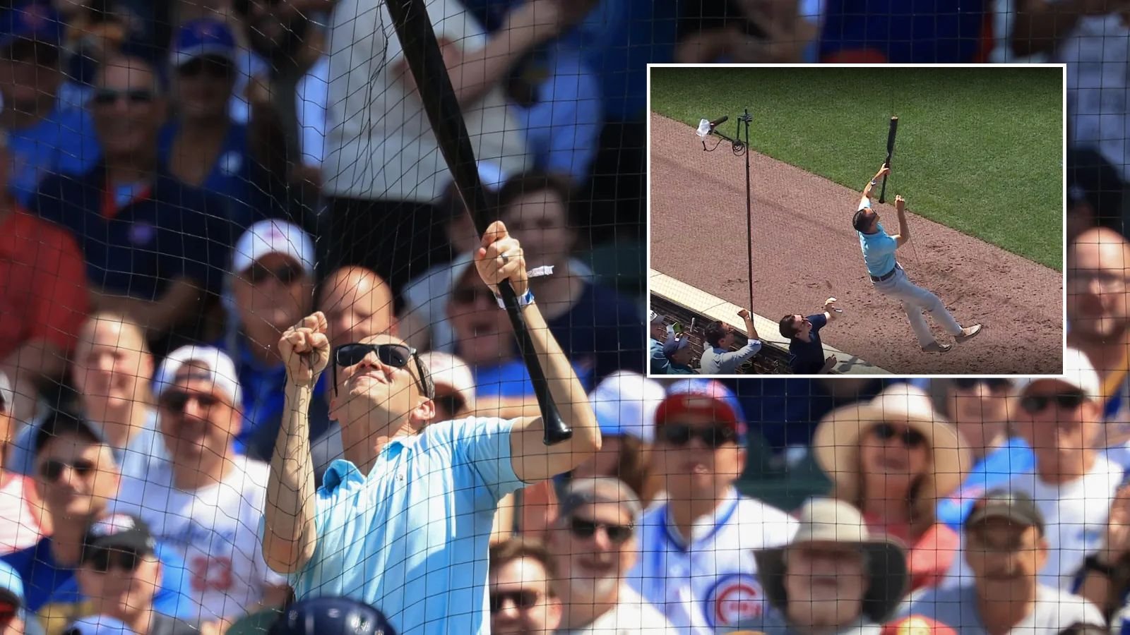 Fan Climbs Netting At Wrigley Field To Retrieve Bat During Cubs-Brewers Game